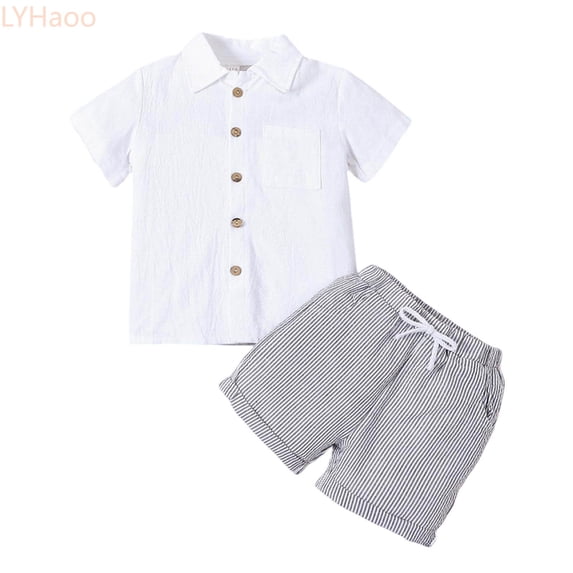 LYHaoo Boys' Linen Blend Short Sleeve Shirt Set Casual Summer Two Piece Outfit With Collar & Solid Colors Boys Short Sets for School Casual Sizes (18-24 Months)
