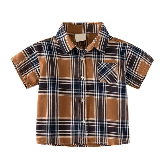 LYHaoo Boys Plaid Short Sleeve Shirt With Point Collar Breathable Summer Casual Shirt For Toddler & Kids Cute Tops Sizes 2-3 Years Brown