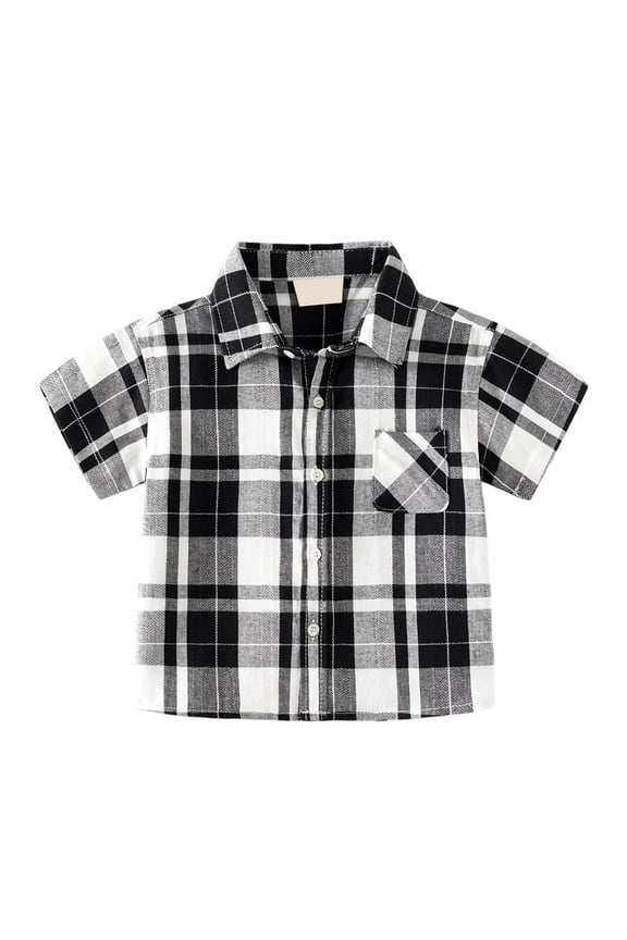 Boys Plaid Short Sleeve Shirt With Point Collar Breathable Summer Casual Shirt For Toddler & Kids Cute Tops Sizes 2-3 Years White