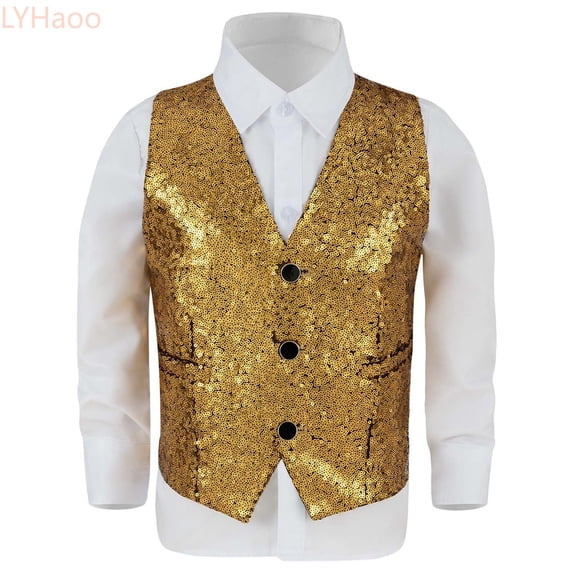 LYHaoo Boys Vest For Stage Performance And Hosting Events Glitter Sleeveless Top With Sequins For Kids Shows And Parties Basic Tee,Sizes 13-14 Years