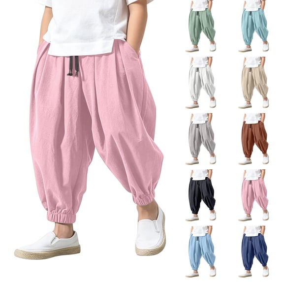 LYHaoo Boys Washed Crinkle Jogger Pants, Summer Casual Loose Fit Trousers For Kids School Daily Wear(Gray)