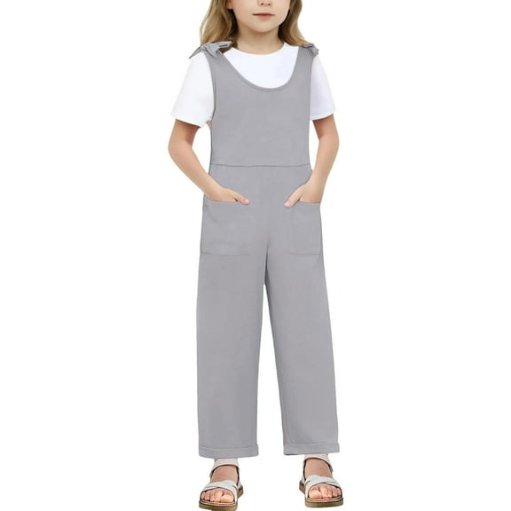 LYHaoo Children Kids Girls Sleeveles Suspenders Romper Jumpsuit Long Straight Pants With Pocket Girls Jumpsuit Romper 7-8 Years Gray(Little Kid)