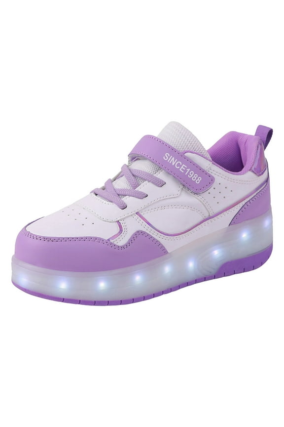 Children Shoes Thick Soled Sneakers With Wheels Fashionable Light Shoes USB Rechargeable Skate Sneakers Sizes 2.5 Purple(Big Kid)