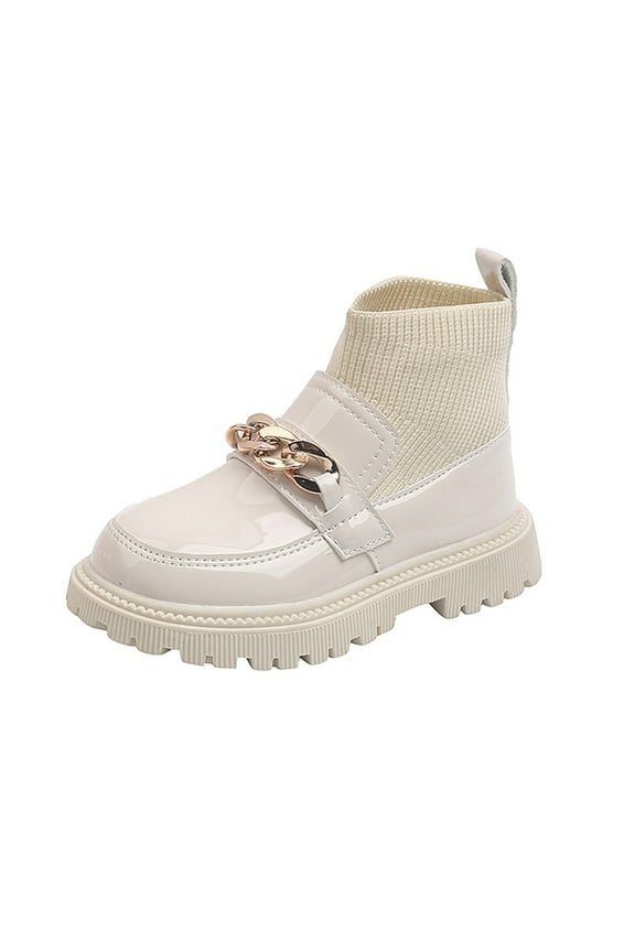 Children Stylish Chain Kids Ankle Boots Student Dance Shoes Elastic Knitting Patchwork On Boots Girls Little Kid Big Kid Metal Leather Socks Shoes Sizes 13 White(Little Kid)