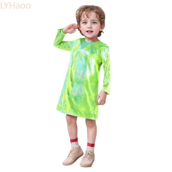 LYHaoo Children's Fine Point Glitter Sequin Long Sleeve Crew Neck Dress Straight T Shirt Dress,Girls Lace Dresses Sizes 5-6 Years Green