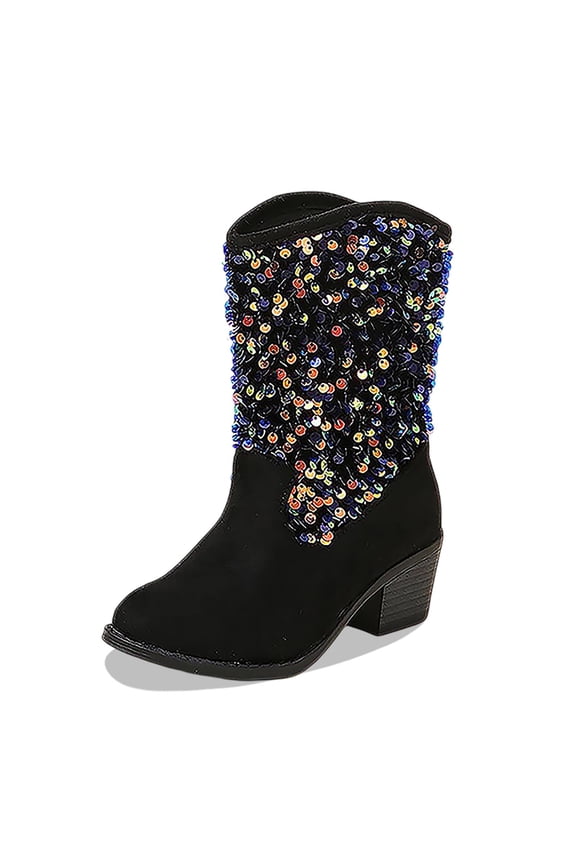 Children's Winter Fashion Sequined Solid Color Mid Calf Suede Slip On Boots Sizes 1 Black(Big Kid)