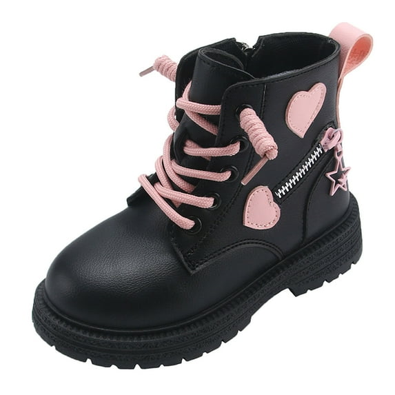 LYHaoo Children's Winter Leather Lace Up Stylish Color Matching Side Zipper Boots Sizes 10 Black(Little Kid)