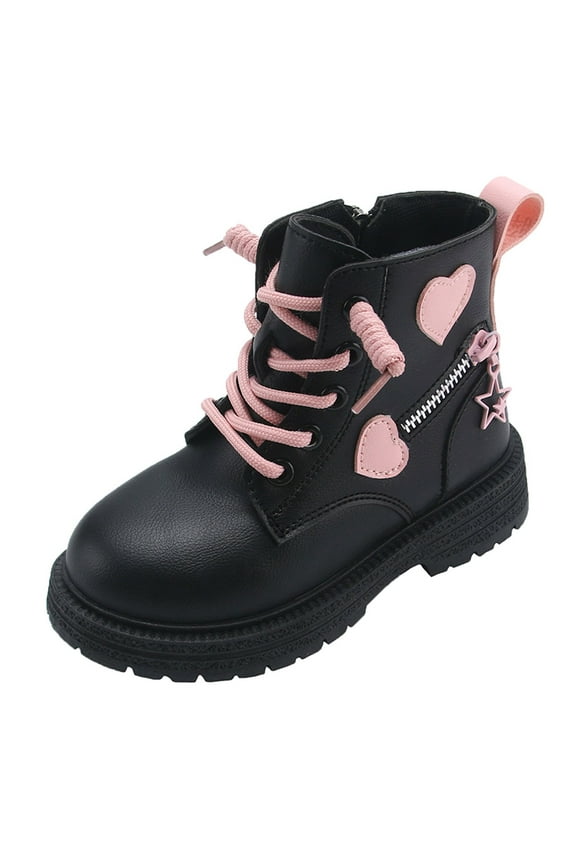 Children's Winter Leather Lace Up Stylish Color Matching Side Zipper Boots Sizes 10 Black(Little Kid)