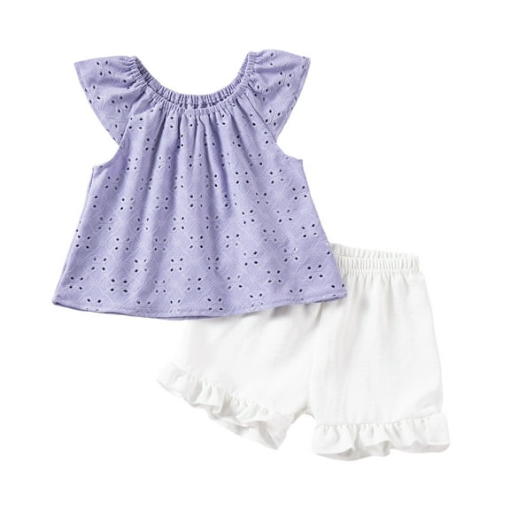 LYHaoo Clothing Sets for Girls Summer Baby Girl's Light Weight Sweet Knot Print Sleeveless Top With Ruffled Hem And Short Pants Set Sizes 5-6 Years(Purple)