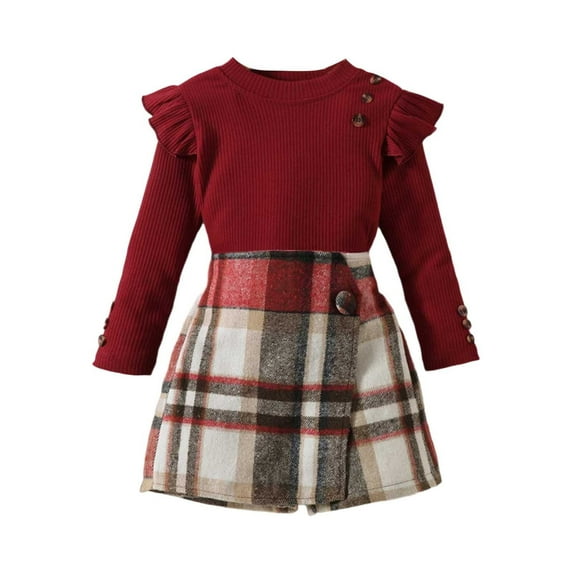 LYHaoo Clothing Sets for Girls Toddler Kids Baby Girls Long Sleeve Ribbed T Shirt Button Plaid Skirts Shorts 2PCS Outfits Sizes 18-24 Months(Red)