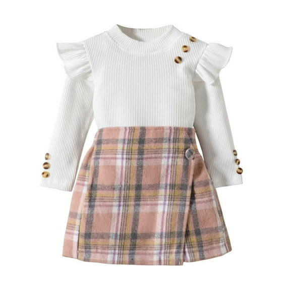 LYHaoo Clothing Sets for Girls Toddler Kids Baby Girls Long Sleeve Ribbed T Shirt Button Plaid Skirts Shorts 2PCS Outfits Sizes 4-5 Years(White)