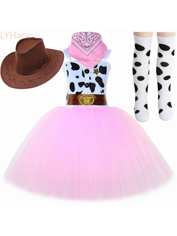 Cowgirl Western Outfits for Girls, Ruffled Skirt with Hat Set for Kids Party Summer Vacation Festival Wear,5-6 Years