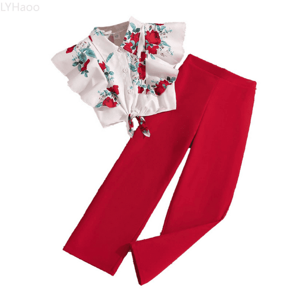 LYHaoo Cute Outfit Sets for Girls Summer Girls And Young Women's Colorful Flower Printed V Neck Sleeveless Blouse And Skirt Set With Long Pants Sizes 8-9 Years(Red)