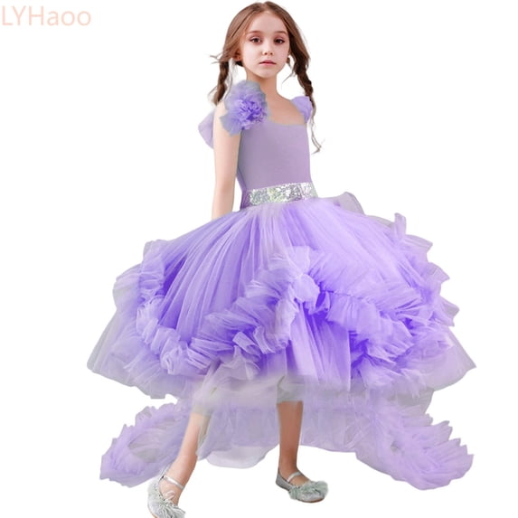 LYHaoo Dress For Girls High End Removable Train Puff Skirt Formal Performance Gown Elegant Dress For Party Dress For Kids,Girls Lace Dresses Sizes 130 Purple
