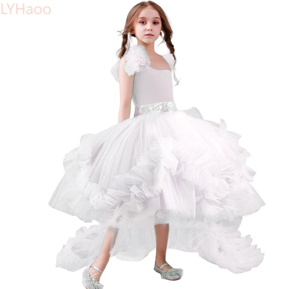 LYHaoo Dress For Girls High End Removable Train Puff Skirt Formal Performance Gown Elegant Dress For Party Dress For Kids,Girls Lace Dresses Sizes 80 White