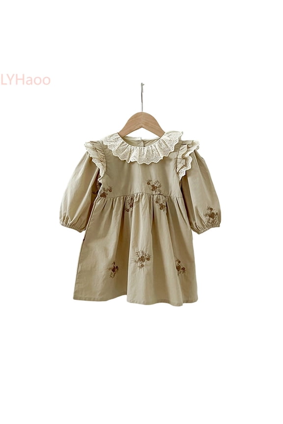 Elegant French Collar Embroidered Floral Dress For Girls With Puff Sleeves And Adjustable Bow Back Detail For And Party Wear，Princess Dresses for Girls Sizes 7-8 Years Gray