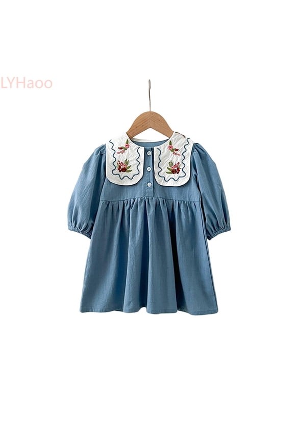 Elegant French Collar Embroidered Floral Dress For Girls With Puff Sleeves And Flowy Skirt For And Photoshootsï¼Vintage Girls Dress Sizes 6-7 Years Blue