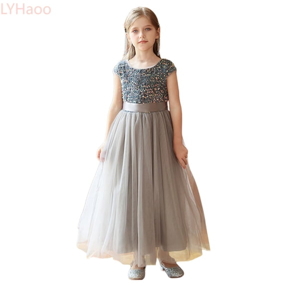LYHaoo Elegant Girls Formal Dress For Recital Pageant Performance Tutu Gown With Skirt And Sash,Little Girls Dresses Sizes 7-8 Years Gray