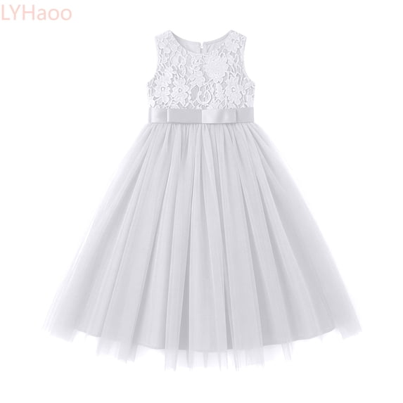 LYHaoo Elegant Long Sleeveless Dress For Girls Lace Formal Gown With Puffy Skirt Perfect For And Parties，Casual Floral Dresses Sizes 3-4 Years White