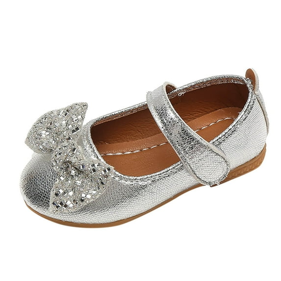 LYHaoo Fashion Autumn Girls Casual Shoes Flat Light Solid Color Sequin Bow Cute Shiny Dress Shoes Sizes 7 Silver(Toddler)