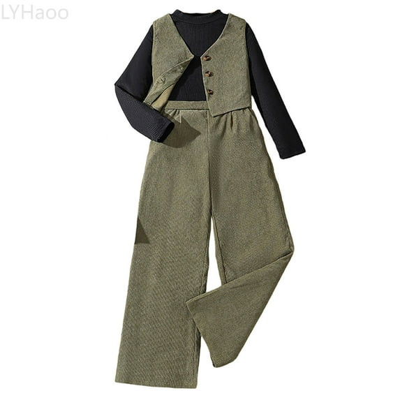 LYHaoo Fashionable Kids Girls Outfits Long Sleeve Knit Ribbed Tops Vest Wide Leg Pants Three Piece Casual Clothes Girls Outfit Sets Sizes 11-12 Years(Green)