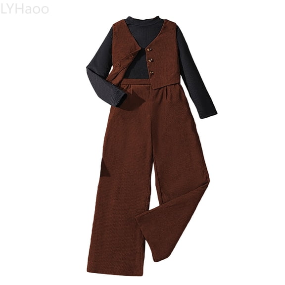 LYHaoo Fashionable Kids Girls Outfits Long Sleeve Knit Ribbed Tops Vest Wide Leg Pants Three Piece Casual Clothes Girls Outfit Sets Sizes 7-8 Years(Brown)