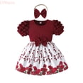 thumbnail image 1 of LYHaoo Floral Print Girls Dress With Bow And Puff Sleeves For Summer Casual Party Occasions，Girls A Line Dresses Sizes 18-24 Months Red, 1 of 7