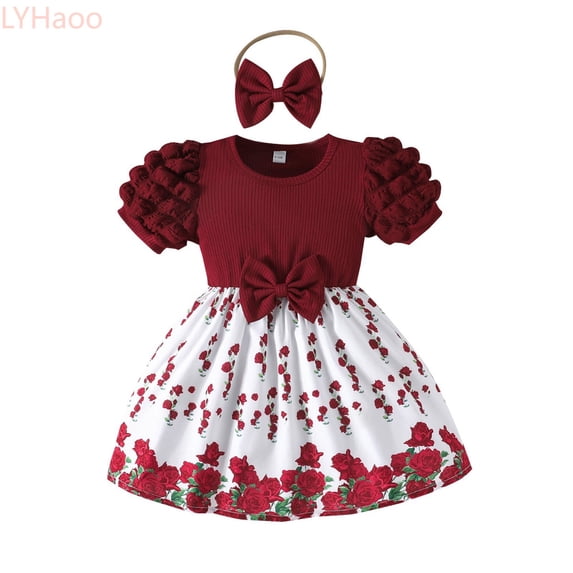LYHaoo Floral Print Girls Dress With Bow And Puff Sleeves For Summer Casual Party Occasions,Girls A Line Dresses Sizes 18-24 Months Red