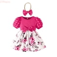 thumbnail image 1 of LYHaoo Floral Print Girls Dress With Bow And Puff Sleeves For Summer Casual Party Occasions，Girls A Line Dresses Sizes 2-3 Years Pink, 1 of 7