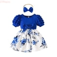 thumbnail image 1 of LYHaoo Floral Print Girls Dress With Bow And Puff Sleeves For Summer Casual Party Occasions，Girls A Line Dresses Sizes 9-12 Months Blue, 1 of 7