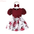 thumbnail image 1 of LYHaoo Floral Print Girls Dress With Bow And Puff Sleeves For Summer Casual Party Occasions，Girls A Line Dresses Sizes 9-12 Months Red, 1 of 7