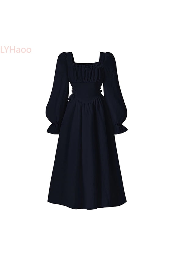 French Square Neck Girls Party Dress With Puff Sleeves Elegant Waist Defining Flared Gown For Autumn Fall Season Formal Occasions And Special Events,Vintage Girls Dress Sizes 9-10 Years Blue