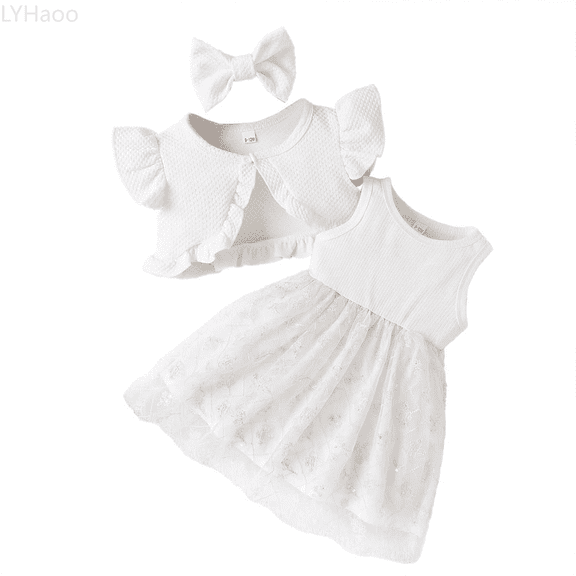 LYHaoo Girl 2 Piece Outfits New Arrval Baby Girl Floral Mesh Dress With Matching Hair Bow Summer Casual Set Sizes 3-6 Months(White)