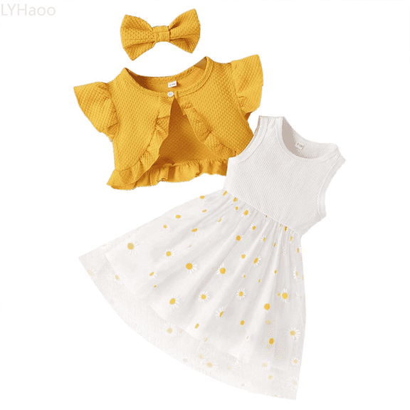 LYHaoo Girl 2 Piece Outfits New Arrval Baby Girl Floral Mesh Dress With Matching Hair Bow Summer Casual Set Sizes 3-6 Months(Yellow)