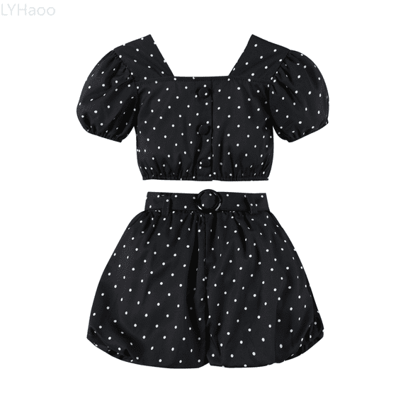 LYHaoo Girl Clothes Outfits Kids Girls Short Sleeve Vintage Polka Dots Dress In 50s Style Sizes 4-5 Years(Black)