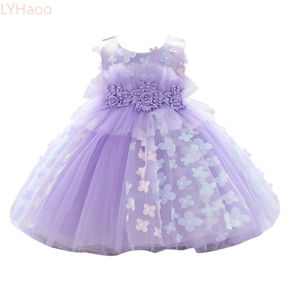 LYHaoo Girl's Flower Sequin Princess Dress Summer Sleeveless Multi Layer Long Skirt Waist Pearl Decoration,Casual Floral Dresses Sizes 6-12 Months Purple