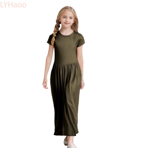 LYHaoo Girl's Short Sleeve Solid Color Loose Casual Long Maxi Dress With Pockets,Girls Basic Dresses Sizes 2-3 Years Green