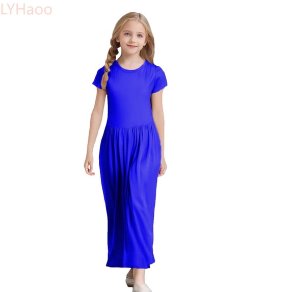 LYHaoo Girl's Short Sleeve Solid Color Loose Casual Long Maxi Dress With Pockets,Girls Basic Dresses Sizes 3-4 Years Blue