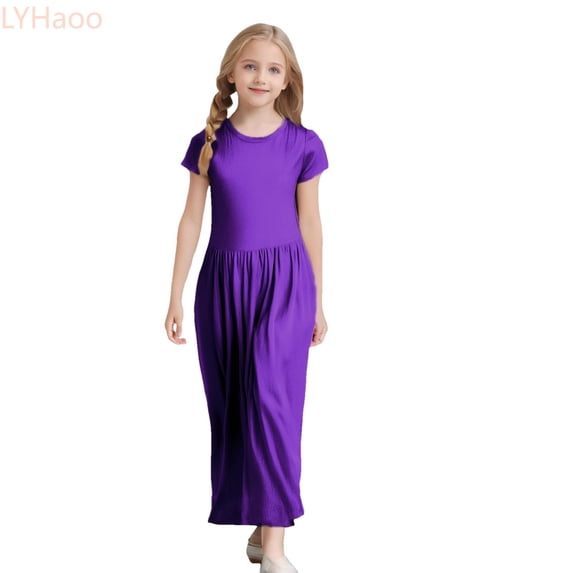 LYHaoo Girl's Short Sleeve Solid Color Loose Casual Long Maxi Dress With Pockets,Girls Basic Dresses Sizes 6-7 Years Purple