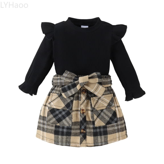 LYHaoo Girls 2 Piece Outfit Long Sleeve Striped Top And Plaid Skirt Autumn Fall Casual Toddler Little Kid Girls Outfit Sets Sizes 3-4 Years(Black)