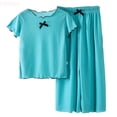 thumbnail image 1 of LYHaoo Girls 2 Piece Summer Outfits Girls Outfits Set Toddler Summer Casual Outfit Pure Color Round Neck Ruffled Sleeve Top And Pants Wear For 1 8 Years Sizes 18-24 Months(Blue), 1 of 4