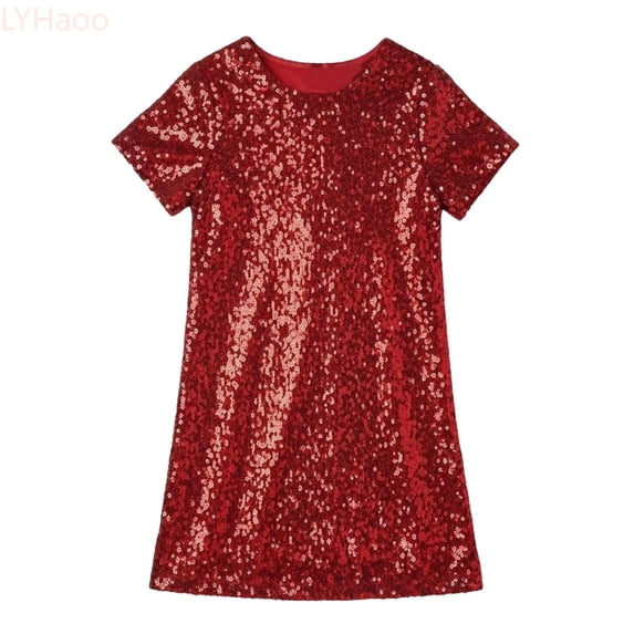 LYHaoo Girls A-Line Dresses Sparkling Sequin Party Dress For Girls Elegant Glittering Beaded Gown For And Celebrations Sizes 3-4 Years(Red)