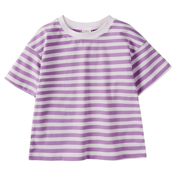 LYHaoo Girls Boys Summer Striped Short Sleeve T Shirts Color Block Trendy Crewneck Pullover Tops Casual Blouse School Uniform Sizes 4-5 Years Purple