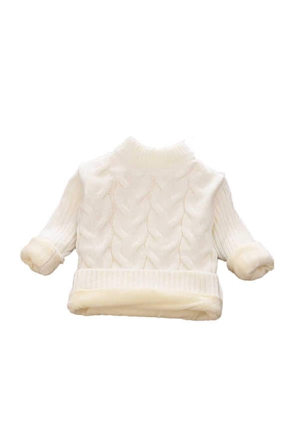 Girls Cable Knit Pullover Sweaters Crewneck Long Sleeve Warm Fuzzy Lined Sweaters for Kids 1-2 Years(White)