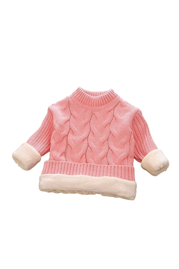 Girls Cable Knit Pullover Sweaters Crewneck Long Sleeve Warm Fuzzy Lined Sweaters for Kids 2-3 Years(Pink)