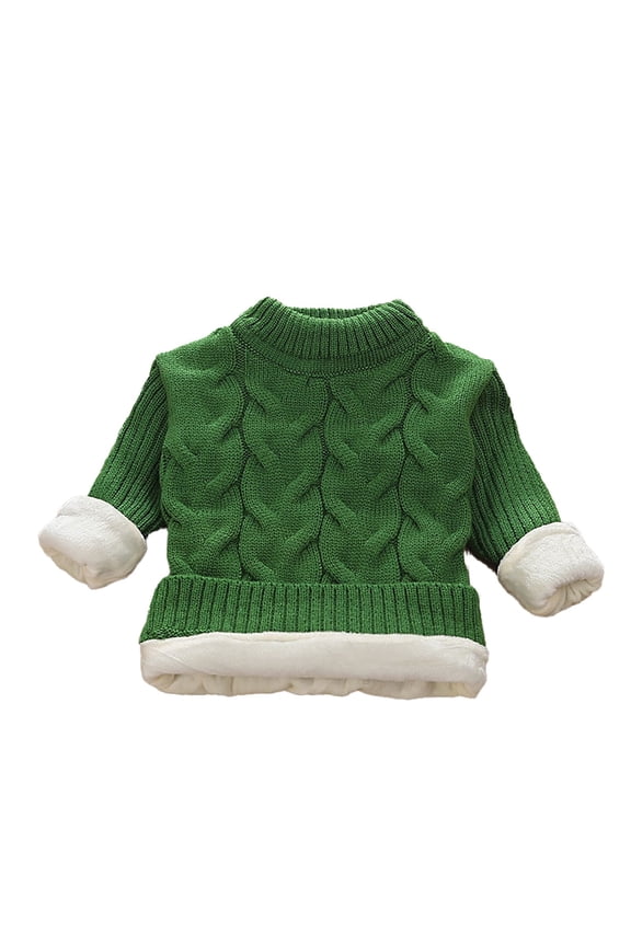 Girls Cable Knit Pullover Sweaters Crewneck Long Sleeve Warm Fuzzy Lined Sweaters for Kids 6-7 Years(Green)