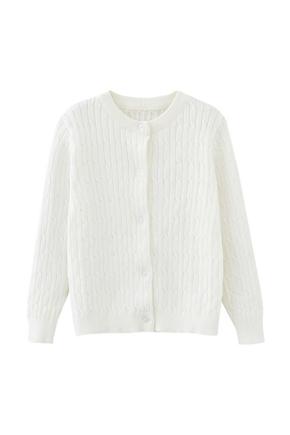 Girls Cardigan Sweater School Uniform Button Long Sleeve Knit Tops Fall Winter Sweater Cardigan for Kids 9-10 Years(White)