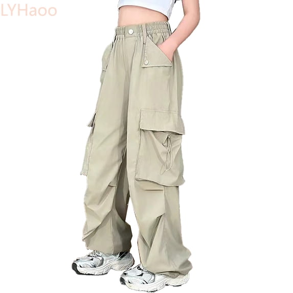 LYHaoo Girls Cargo Pants Casual Loose Fit Elastic Waist Straight Leg Jogger Pants For Kids Toddler Summer Outdoor School Play Pocket Pants Girls Hiking Cargo Pants(Yellow)