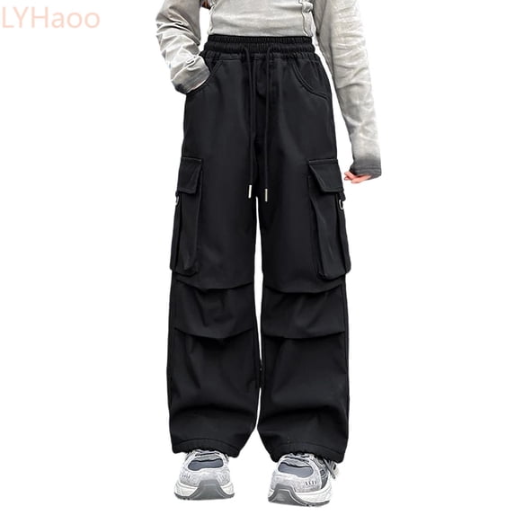 LYHaoo Girls Cargo Pants Straight Leg Casual Trousers Fashion Childrens Bottoms Streetwear For Kids Teen Girls' Cargo Pants(Black)