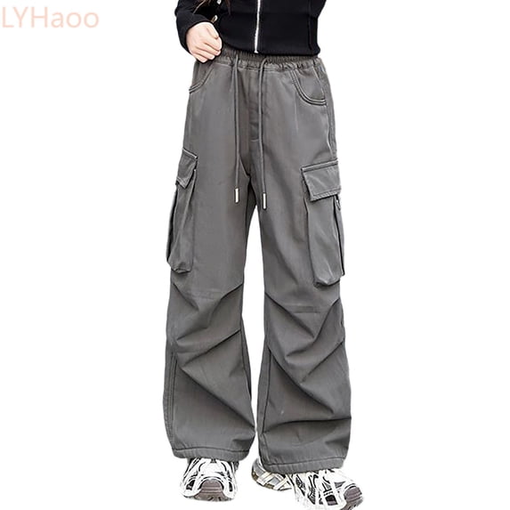 LYHaoo Girls Cargo Pants Straight Leg Casual Trousers Fashion Childrens Bottoms Streetwear For Kids Teen Girls' Cargo Pants(Gray)